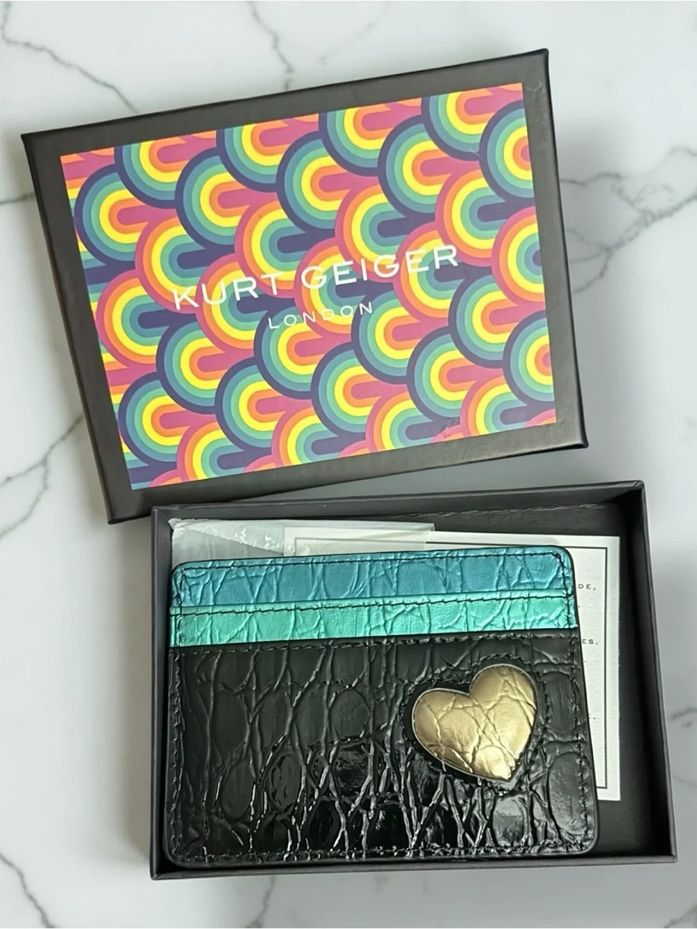 Kurt Geiger NWOT Black Love Leather Cardholder with Pink Heart and Gold Heart